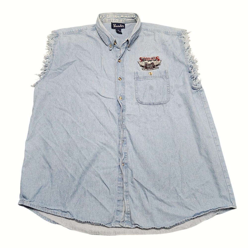 Sturgis Rally 2005 Sleeveless Denim Shirt Mens XL Blue Biker Vest Y2K Thunder